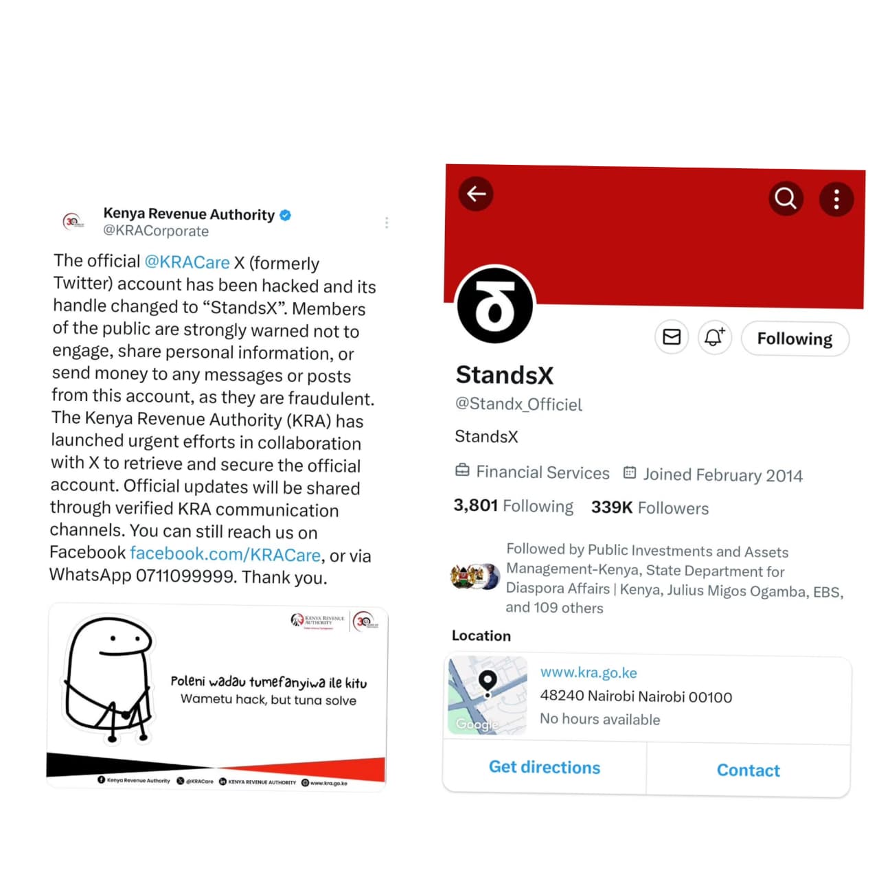 KRA Warns Kenyans after Official X Account Is Hacked and Renamed “StandsX”